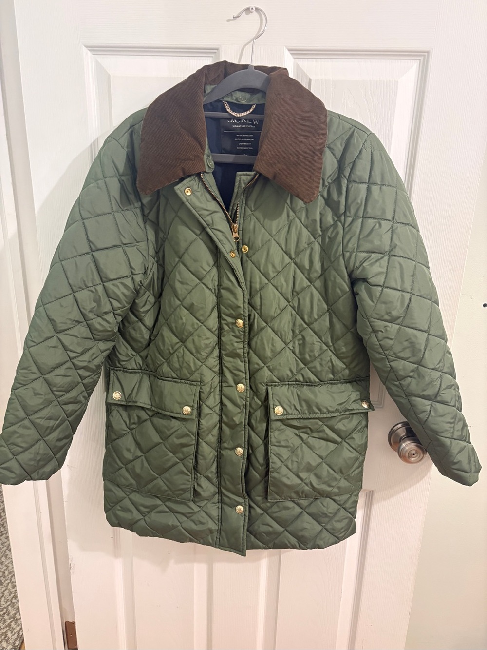 J. Crew Quilted Olive Green Jacket with Removable Corduroy Collar